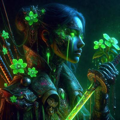 The primary subject of the image is a woman with green eyes, wearing a green and gold outfit. She is holding a sword in her right hand and a flower in her left hand. The setting appears to be a dark, possibly magical, environment. The visual style is a combination of digital art and illustration, creating a unique and intriguing atmosphere. The colors and mood of the image are predominantly dark and mysterious, with the green eyes and gold accents adding a touch of magic and enchantment.